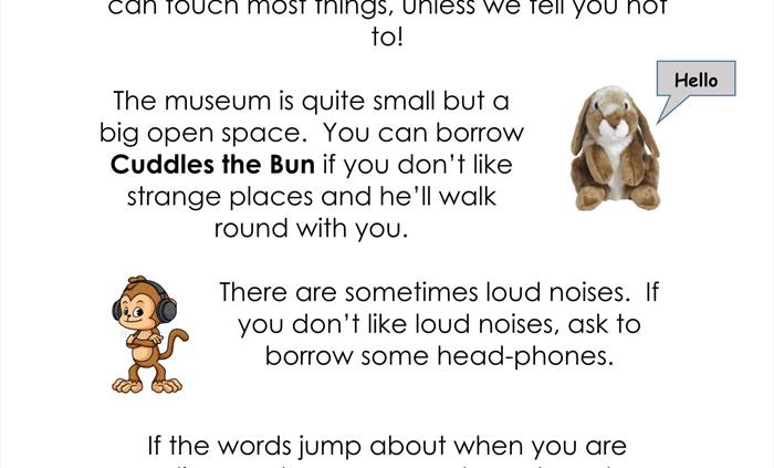 Advice for children visiting including reference to ASD and dyslexia